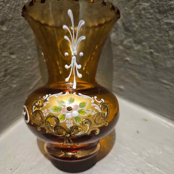 Bohemian Hand Blown Hand Painted Gold Rimmed Amber 3.5" Vase - Picture 7 of 10